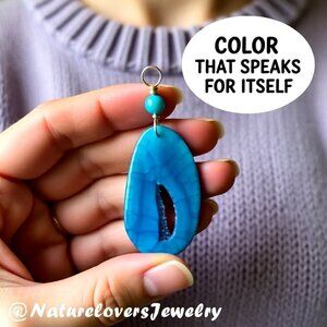 Blue Agate Geode Slice with Sugar Crystal Rim - Pendant - Azure & Ocean Blues
